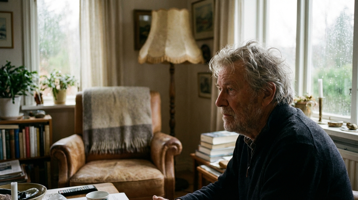 Ein älterer Herr mit grauem Haar blickt nachdenklich aus dem Fenster eines gemütlichen Wohnzimmers. Weiches Tageslicht erhellt den Raum, im Hintergrund sind verschwommen ein Sessel und eine Stehlampe zu erkennen.