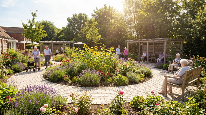 Ein speziell gestalteter Demenzgarten mit einem sicheren, endlosen Rundweg aus hellen Pflastersteinen. Bunte Blumenbeete, gemütliche Holzsitzecken und ein sonniger Tag. Ältere Menschen spazieren entspannt durch die gepflegte Anlage.