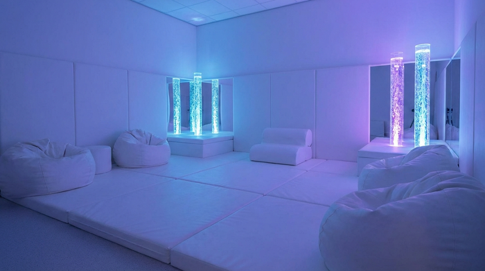 Ein sogenannter Snoezelen-Raum mit gedimmtem, beruhigendem blauem und violettem Licht. Bequeme weiße Polsterlandschaften, sanft leuchtende Wassersäulen und eine absolut entspannende, friedliche Atmosphäre ohne ablenkende Details.