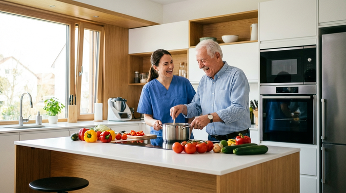 Eine engagierte Betreuungskraft kocht gemeinsam mit einem fröhlichen Senioren in einer hellen, modernen Küche. Frisches Gemüse liegt auf der Arbeitsplatte, beide lachen und genießen sichtlich die gemeinsame Zeit.