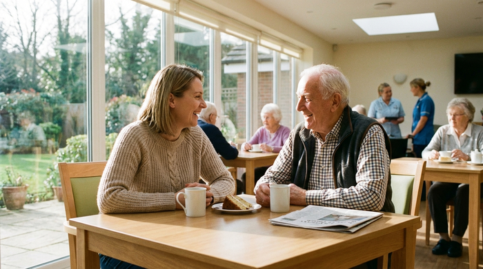 Eine erwachsene Tochter und ihr älterer Vater sitzen entspannt bei einer Tasse Kaffee in der hellen Cafeteria eines Pflegeheims. Sie unterhalten sich angeregt, lächeln sich an und wirken gelöst und zufrieden.