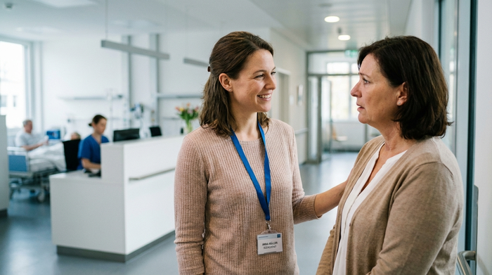 Eine freundliche Sozialarbeiterin im Krankenhausflur spricht empathisch mit einer besorgten Angehörigen. Im Hintergrund ist leicht verschwommen eine saubere, moderne Klinikstation zu erkennen.