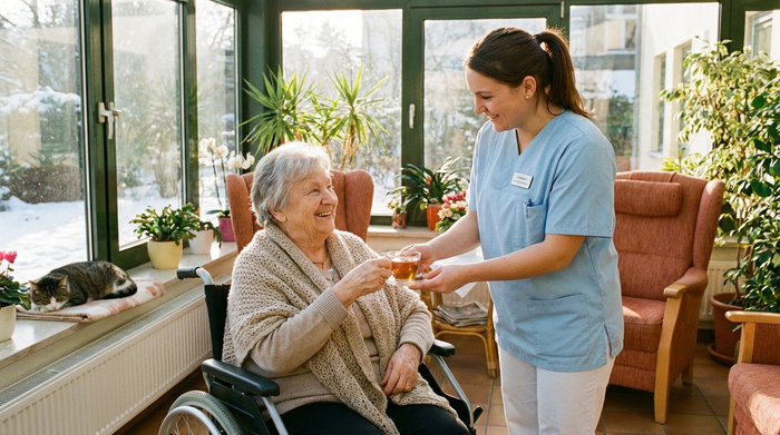 Eine professionelle Pflegekraft in hellblauer Dienstkleidung reicht einer lächelnden älteren Dame im Rollstuhl eine Tasse Tee in einem sonnigen Wintergarten eines Pflegeheims.