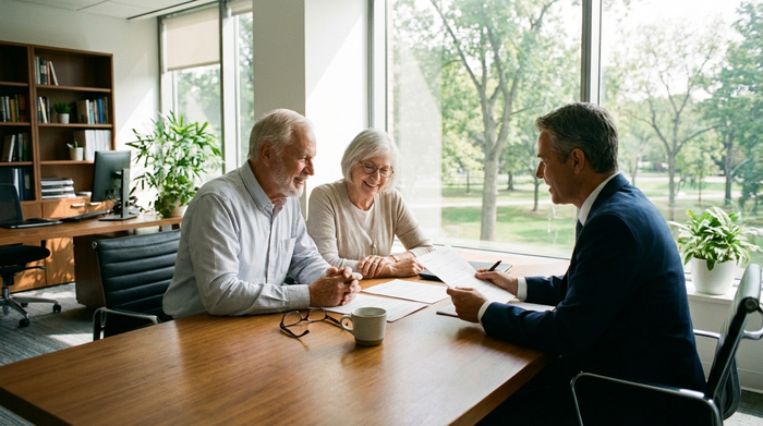 Ein älteres Ehepaar sitzt mit einem Berater zusammen und betrachtet entspannt einige Dokumente. Auf dem Tisch liegen eine Brille und eine Kaffeetasse. Helles, professionelles Büro.