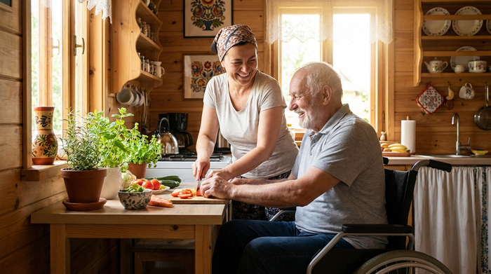 Eine liebevolle osteuropäische Betreuungskraft kocht gemeinsam mit einem fröhlichen Senior in einer gemütlichen, barrierefreien Holzküche. Beide lachen und schneiden frisches Gemüse.