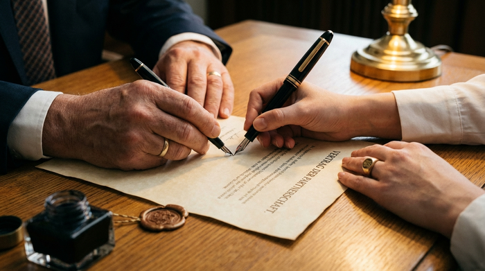 Eine Nahaufnahme von zwei Händen, die einen wichtigen Vertrag mit einem edlen Füllfederhalter auf einem aufgeräumten Holzschreibtisch unterschreiben. Warmes Licht, seriöse Stimmung.