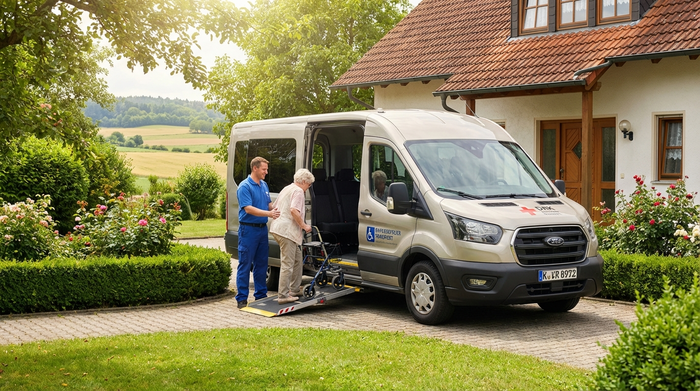 Ein moderner, rollstuhlgerechter Kleinbus parkt vor einem gepflegten Einfamilienhaus in einer ländlichen Gegend. Ein freundlicher Fahrer hilft einer älteren Dame mit Rollator behutsam beim Einstieg. Sonniges Wetter, grüne Hecken im Vorgarten.