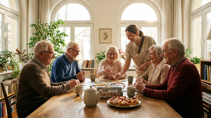 Eine fröhliche Gruppe von Senioren sitzt gemeinsam an einem großen Holztisch in einem sonnendurchfluteten Raum. Sie spielen ein Brettspiel und lachen zusammen. Eine Pflegerin steht unterstützend im Hintergrund. Auf dem Tisch stehen Kaffeetassen und ein Teller mit Kuchen.
