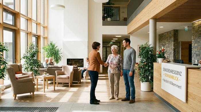 Ein freundlicher, heller Eingangsbereich einer modernen Pflegeeinrichtung. Eine ältere Dame und ihr Sohn werden von der Einrichtungsleitung herzlich mit einem Händedruck begrüßt. Im Hintergrund sieht man gemütliche Sitzgelegenheiten und Zimmerpflanzen.