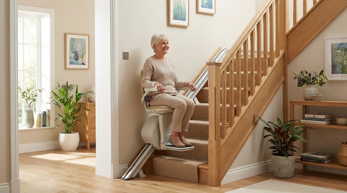 Eine zufriedene ältere Dame fährt mit einem modernen Treppenlift mühelos die Holztreppe in ihrem gepflegten Einfamilienhaus hinauf. Sie lächelt entspannt. Das Treppenhaus ist hell erleuchtet und wohnlich dekoriert.