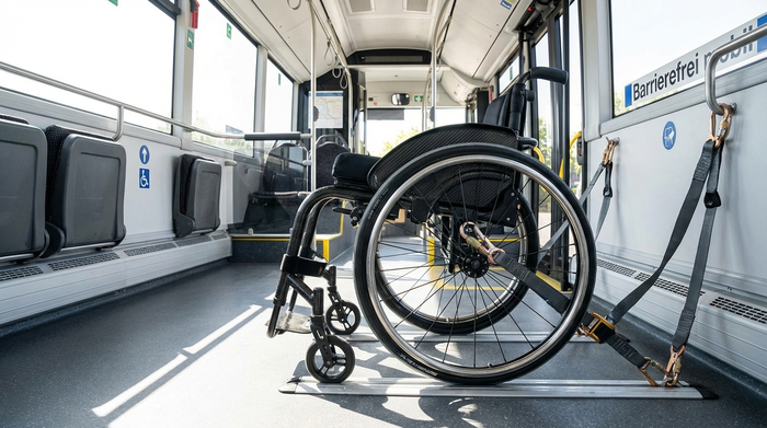 Ein moderner Rollstuhl steht sicher fixiert im hellen Innenraum eines Transportbusses. Professionelle Befestigungsgurte am Boden sorgen für Halt, saubere und sichere Umgebung.