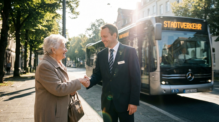 Ein lächelnder Fahrer in professioneller Kleidung reicht einer älteren Dame höflich die Hand. Im Hintergrund steht ein unscharfer Transportbus an einem sonnigen Morgen.