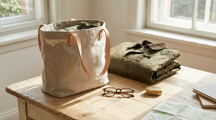 Eine ordentlich gepackte Stofftasche steht auf einem hellen Holztisch. Daneben liegen eine saubere Jacke, eine Lesebrille und eine kleine Pillendose, bereit für den Tagesausflug.