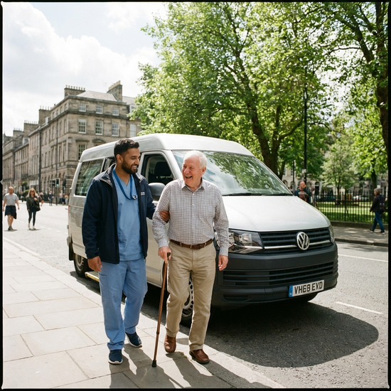 Ein freundlicher Pfleger in professioneller Kleidung hilft einem lächelnden älteren Herrn beim Aussteigen aus einem modernen Kleinbus. Sonniger Vormittag, städtische Umgebung mit grünen Bäumen, realistische und respektvolle Szene ohne Text.