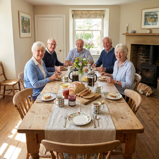 Eine Gruppe von Senioren sitzt gemeinsam an einem großen, liebevoll gedeckten Holztisch beim Frühstück. Frische Brötchen, Marmelade und Kaffeetassen stehen auf dem Tisch. Helle, freundliche Stimmung in einem sonnigen Raum.