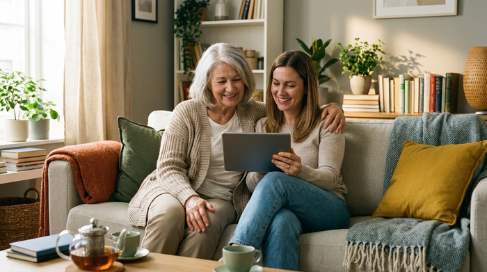 Eine ältere Dame und ihre Tochter sitzen gemeinsam auf einem bequemen Sofa und schauen entspannt auf ein Tablet in ihren Händen. Sie lächeln und wirken erleichtert. Gemütliches, aufgeräumtes Wohnzimmer im Hintergrund.