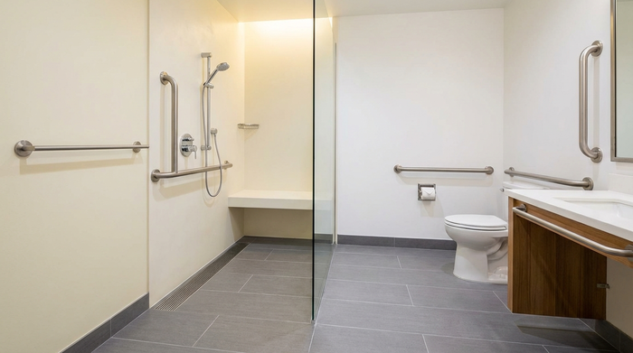 Ein modernes, barrierefreies Badezimmer mit einer bodengleichen Dusche, stabilen Haltegriffen an den hellen Wänden und einem rutschfesten grauen Fliesenboden. Hell, sauber, sicher und wohnlich gestaltet.