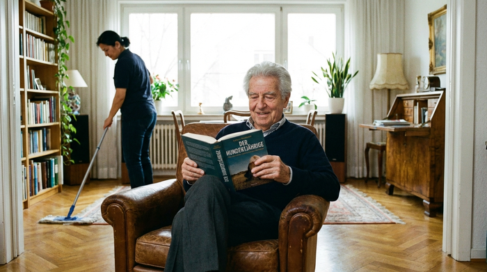 Ein rüstiger Senior mit grauem Haar sitzt entspannt in seinem Sessel und liest ein Buch, während im Hintergrund eine Reinigungskraft unauffällig den Holzboden wischt. Helles Tageslicht, aufgeräumtes und gemütliches Wohnzimmer.