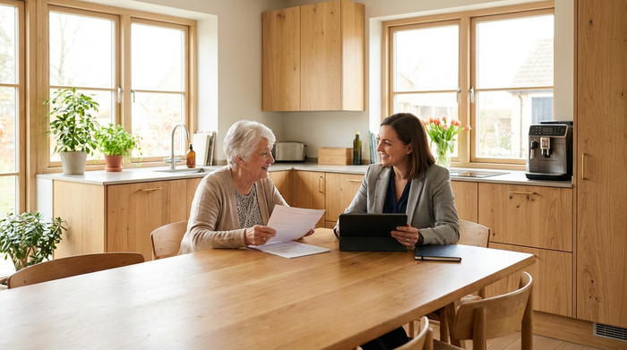 Zwei Personen, eine ältere Dame und eine professionelle Pflegeberaterin, sitzen an einem Holztisch und besprechen freundlich Unterlagen. Eine vertrauensvolle, entspannte Stimmung in einer modernen Küche.