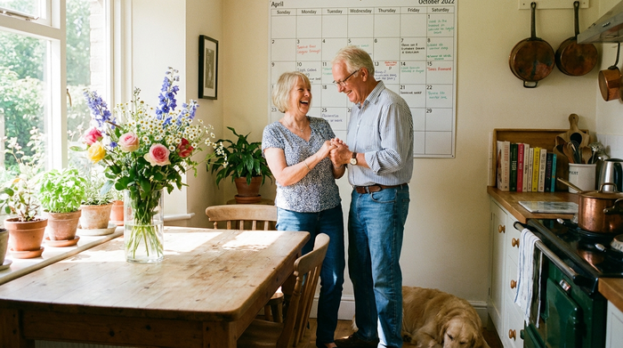 Ein glückliches älteres Ehepaar steht in einer sonnendurchfluteten Küche und schaut gemeinsam auf einen Wandkalender. Frische Blumen stehen auf dem Tisch. Eine harmonische und sorglose Szene.