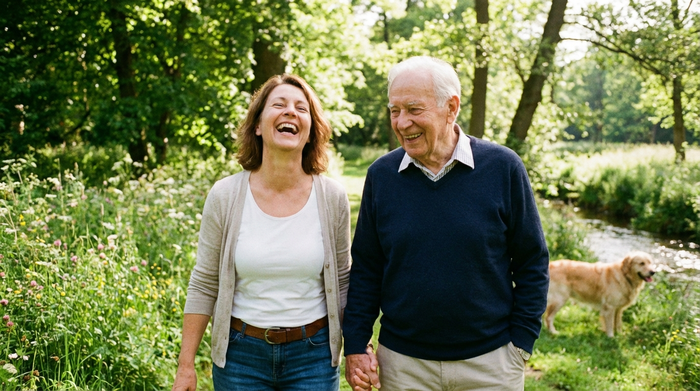 Eine sympathische Alltagsbegleiterin geht mit einem älteren Herrn in einem grünen Park spazieren. Beide lachen herzlich und genießen die warme Sonne. Schöne, friedliche Natur im Hintergrund.