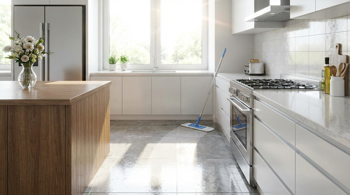 Eine ordentliche, blitzsaubere Küche mit glänzenden Arbeitsflächen. Ein moderner Wischmopp lehnt im Hintergrund an der Wand, während helles Sonnenlicht durch das Fenster auf den frisch geputzten Boden fällt.
