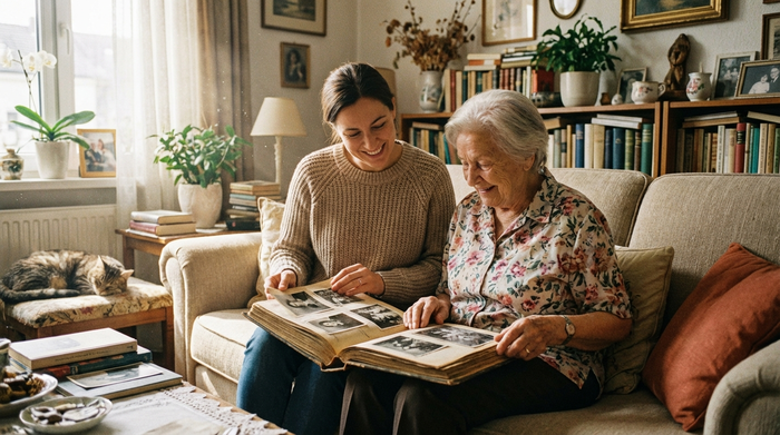 Eine liebevolle Betreuungskraft und eine ältere Dame sitzen gemütlich auf einem bequemen Sofa im Wohnzimmer. Sie schauen sich gemeinsam ein altes Fotoalbum an und lächeln entspannt.