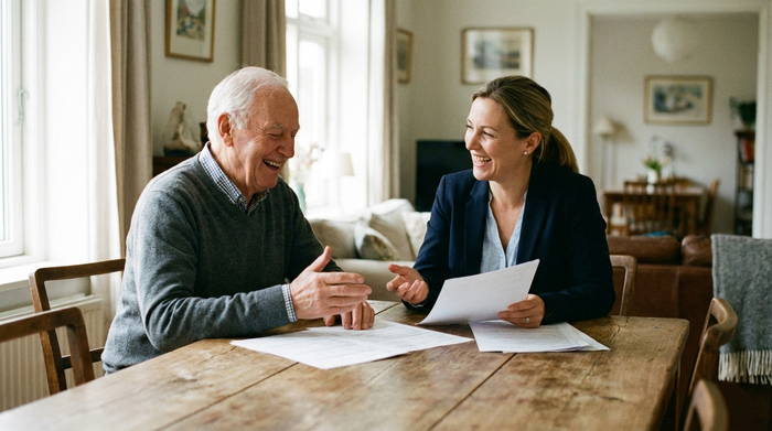 Ein älterer Herr sitzt an einem Holzesstisch und bespricht gut gelaunt Dokumente mit einer freundlichen Beraterin. Im Hintergrund leichte Unschärfe, Fokus auf ein entspanntes, positives Beratungsgespräch.