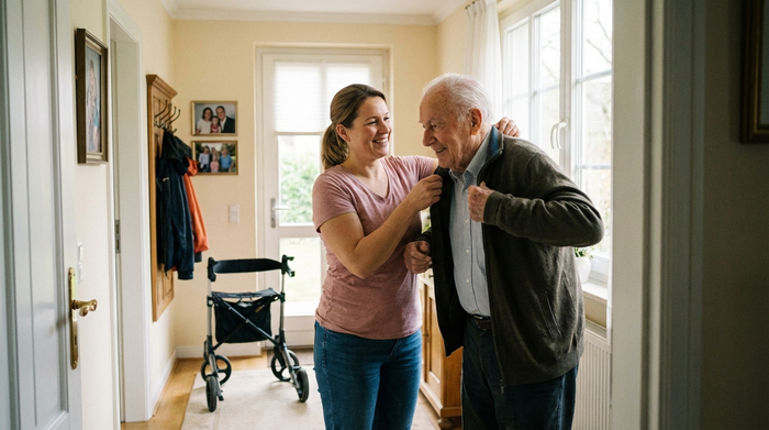 Eine fürsorgliche Pflegerin hilft einem älteren Herrn beim Anziehen einer Jacke im Flur eines gepflegten Hauses. Im Hintergrund steht ein Rollator. Helle, freundliche Atmosphäre, realistischer Fotostil.