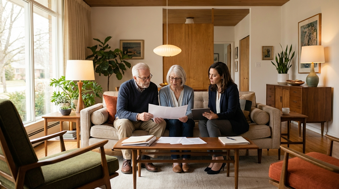Ein älteres Ehepaar sitzt mit einer Beraterin auf einem Sofa im Wohnzimmer und schaut sich gemeinsam Dokumente an. Ernsthaftes, aber entspanntes Gespräch, modern eingerichtet, weiches Licht.