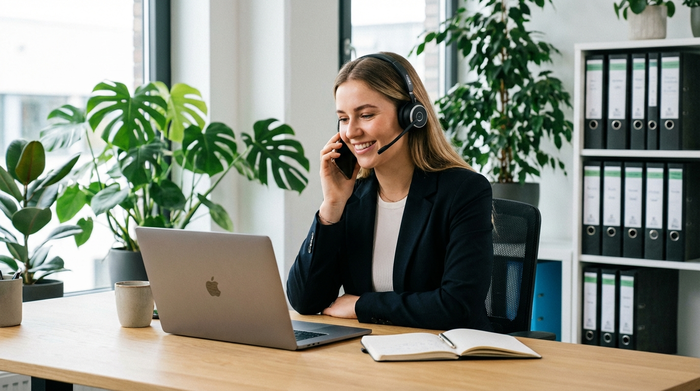 Eine lächelnde junge Frau mit Laptop sitzt am Schreibtisch in einem modernen Büro und telefoniert mit einem Headset. Im Hintergrund unscharfe Pflanzen und Ordner. Fotorealistisch und professionell.