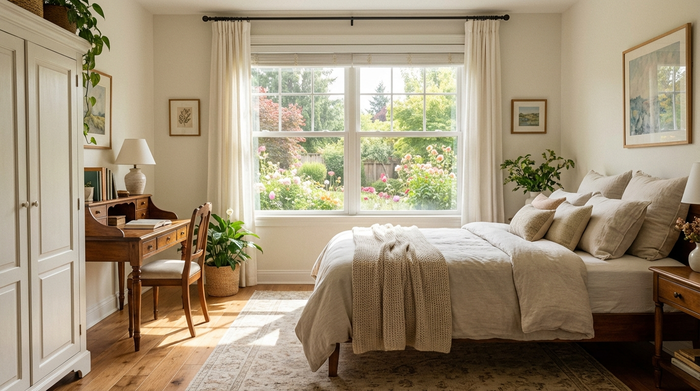 Ein helles, freundlich eingerichtetes Gästezimmer mit einem bequemen Bett, einem kleinen Schreibtisch, einem Kleiderschrank und einem Fenster mit Blick in den Garten. Einladend und gemütlich, fotorealistisch.