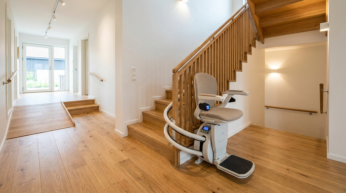 Ein moderner Treppenlift ist an einer Holztreppe in einem gepflegten Einfamilienhaus installiert. Der Bereich ist gut beleuchtet, sauber und barrierefrei gestaltet. Keine Personen im Bild.