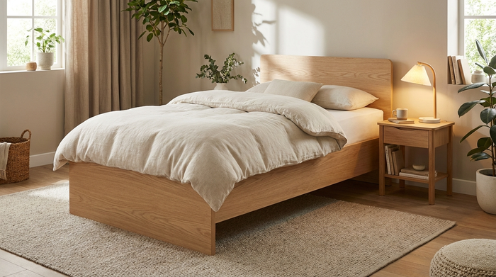 Ein modernes, wohnliches Pflegebett mit heller Holzverkleidung in einem gemütlichen Schlafzimmer. Eine weiche Bettdecke liegt ordentlich auf der Matratze. Neben dem Bett steht ein kleiner Holznachttisch mit einer Leselampe.