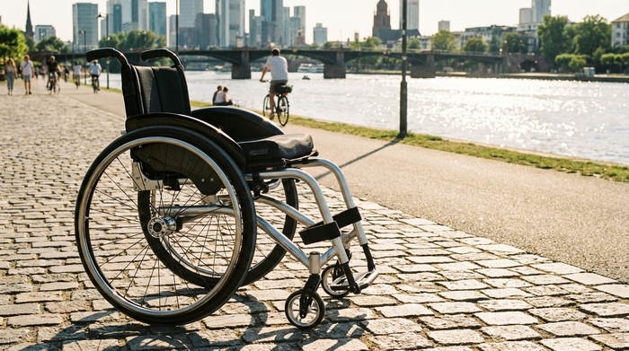 Ein leichter, moderner Aluminium-Rollstuhl steht auf einem gepflasterten Weg an einer Flusspromenade. Im Hintergrund glitzert das Wasser an einem sonnigen Nachmittag. Die Szene strahlt Freiheit und Mobilität aus.