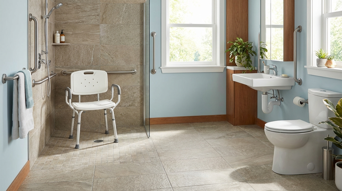 Ein helles, barrierefreies Badezimmer mit rutschfesten Fliesen. In der geräumigen, bodengleichen Dusche steht ein stabiler Duschstuhl mit weißen Armlehnen. Edelstahl-Haltegriffe sind sicher an der hellblauen Wand montiert.