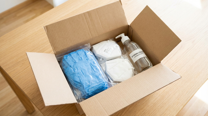 Eine ordentlich gepackte, geöffnete Pappschachtel auf einem hellen Holztisch. Darin liegen saubere Einmalhandschuhe, verpackte Schutzmasken und eine Flasche Händedesinfektionsmittel. Die Szene ist gut ausgeleuchtet und wirkt hygienisch rein.