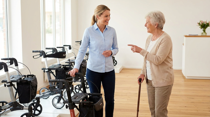 Ein freundlicher, professioneller Berater in einem hellen Hemd steht in einem aufgeräumten Raum und zeigt einer älteren Dame verschiedene Rollatormodelle. Beide lächeln und wirken entspannt im Gespräch.
