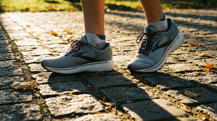 Nahaufnahme von gesunden Füßen in bequemen, stützenden Laufschuhen auf einem gepflasterten Gehweg im Park. Warmes Sonnenlicht, Fokus auf die ergonomische Form der Schuhe.
