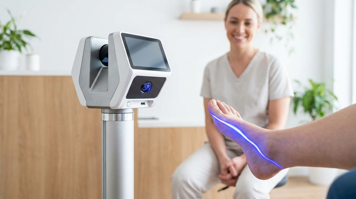 Ein moderner 3D-Laserscanner in einem hellen, sauberen Sanitätshaus. Ein blauer Lichtstrahl tastet sanft einen Fuß ab, im Hintergrund unscharf ein freundlicher Orthopädietechniker in heller Kleidung.