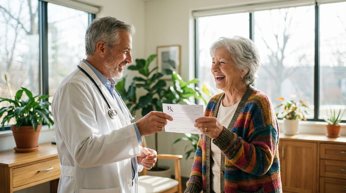 Ein lächelnder Arzt im weißen Kittel überreicht einer zufriedenen Seniorin ein Rezept in einer hellen, freundlichen Arztpraxis. Beide wirken entspannt und vertraut.