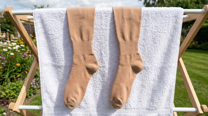 Ein Paar saubere, hautfarbene Kompressionsstrümpfe trocknet schonend flach liegend auf einem weißen Handtuch auf einem Wäscheständer an der frischen Luft. Helles Tageslicht.