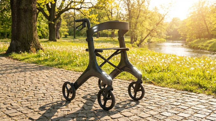 Ein moderner, ultraleichter Carbon-Rollator steht auf einem gepflasterten Weg in einem sonnigen Park. Hochwertiges Design, klare Linien, keine Menschen im Bild, idyllische Natur im Hintergrund.