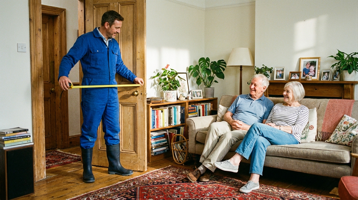 Ein freundlicher Techniker in sauberer Arbeitskleidung misst mit einem Maßband den Türrahmen in einem gemütlichen, altersgerechten Wohnzimmer aus. Ein älteres Ehepaar schaut entspannt zu.