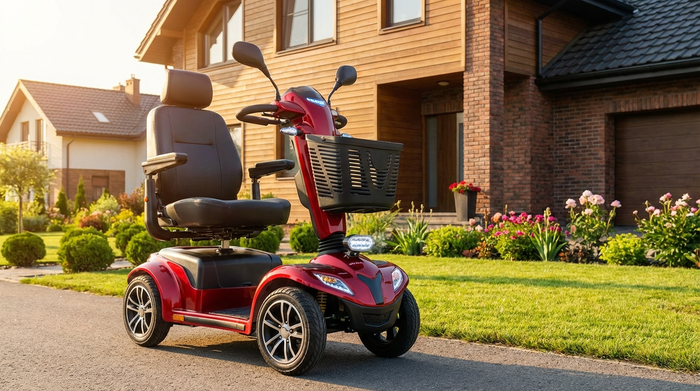 Ein modernes rotes Elektromobil für Senioren steht geparkt vor einem gepflegten Einfamilienhaus an einem sonnigen Nachmittag. Leuchtende Farben, realistische Vorstadtszene ohne Text.