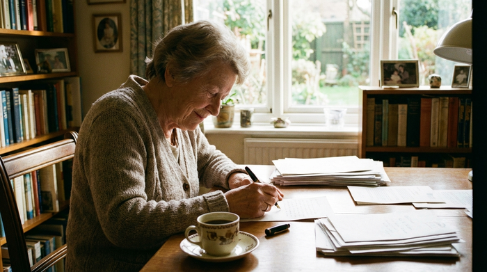 Eine ältere Dame sitzt an einem aufgeräumten Schreibtisch und schreibt konzentriert einen Brief. Vor ihr liegen ordentlich sortierte Dokumente und eine Kaffeetasse. Ruhige, entschlossene Stimmung.