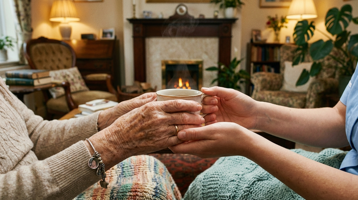 Ein detaillierter Blick auf die Hände einer älteren Person und einer Pflegekraft, die gemeinsam eine Teetasse halten, gemütliche Wohnzimmeratmosphäre mit warmem Licht, keine Schriftzüge.