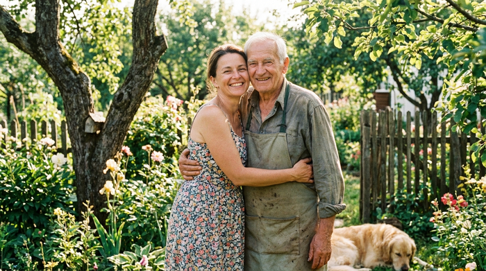Eine liebevolle Tochter umarmt ihren älteren Vater im heimischen Garten, sonniges Wetter, grüne Pflanzen im Hintergrund, entspannte und glückliche Stimmung, realistische Szene.