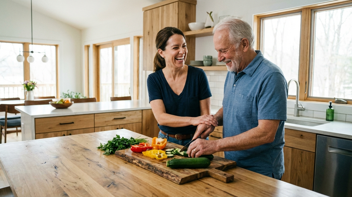 Eine engagierte Betreuungskraft kocht gemeinsam mit einem lächelnden Senioren in einer modernen Küche, frisches Gemüse auf dem Holzbrett, fröhliche Interaktion, helles Tageslicht.