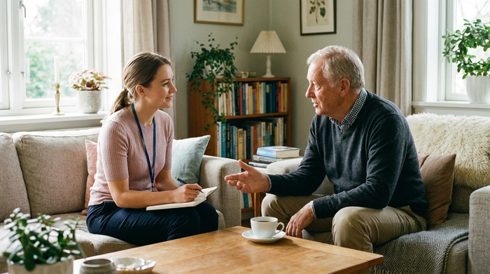 Zwei Personen sitzen auf einem bequemen Sofa und unterhalten sich zugewandt, eine jüngere Pflegeberaterin mit Notizblock und ein älterer Herr, eine Kaffeetasse auf dem Tisch, vertrauensvolles Beratungsgespräch.